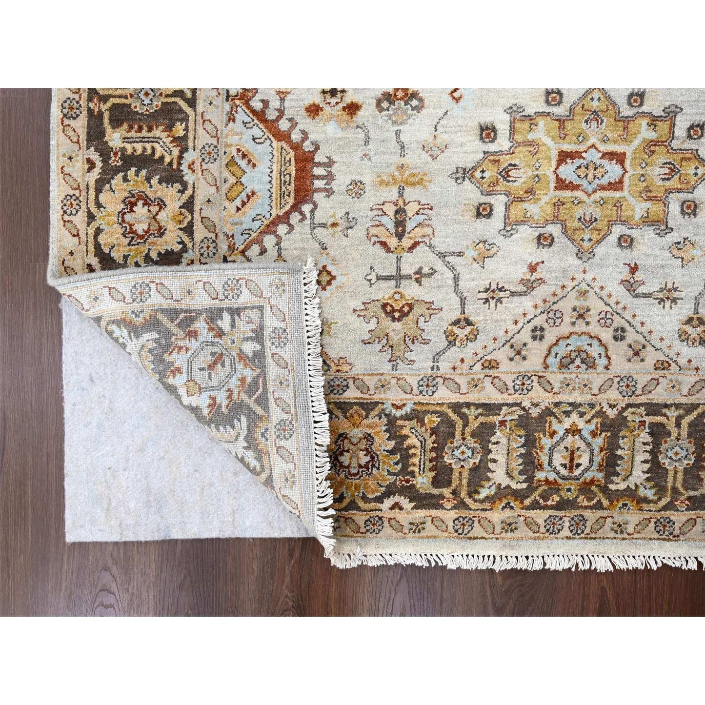 6'1"X11'10" Beige And Brown Karajeh Design Hand Knotted Wool Oriental Rug