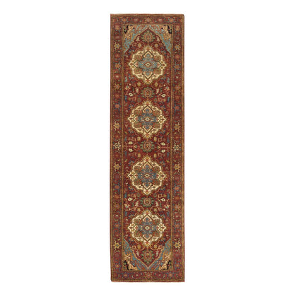 2'7"X10' Red Hand Knotted Fine Heris Re-Creation Wool Runner Oriental Rug