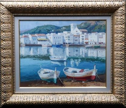 Agustin Pardo Original Oil Painting Sunday Silence Boats Harbor Spain F6 Framed