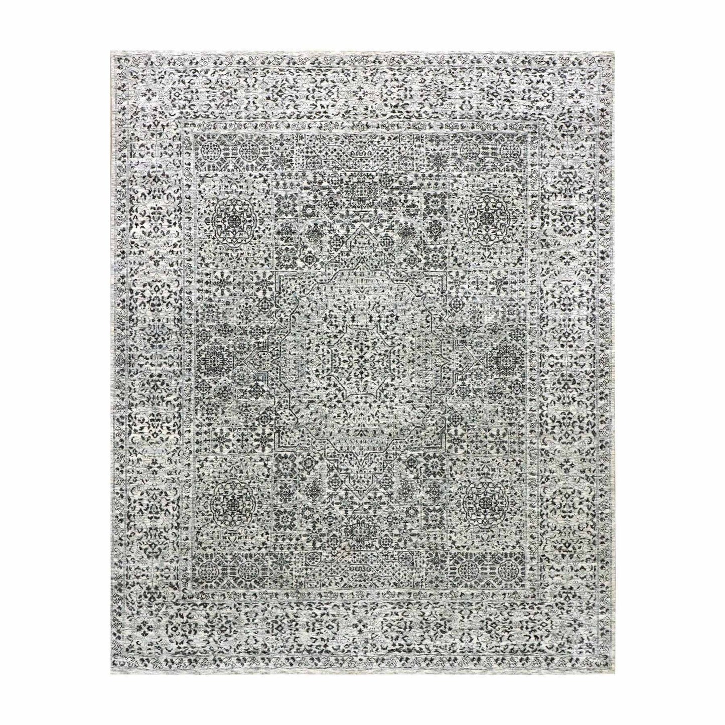 8'X9'10" White Undyed 100% Wool Hand Knotted Mamluk Dynasty Design Rug