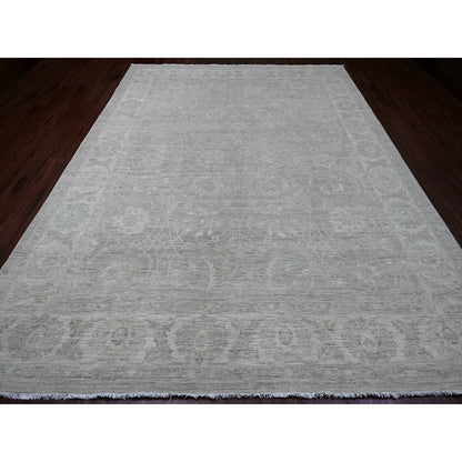 9'X12' Gray Hand Knotted Washed Out Peshawar Vines Design 100% Wool Rug