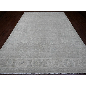 9'X12' Gray Hand Knotted Washed Out Peshawar Vines Design 100% Wool Rug