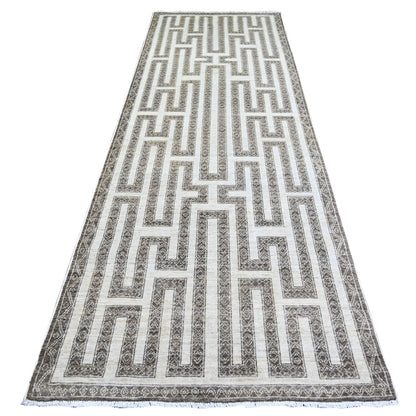 4'X11'8" Taupe Brown Hand Knotted Wool Fine Peshawar Runner Oriental Rug
