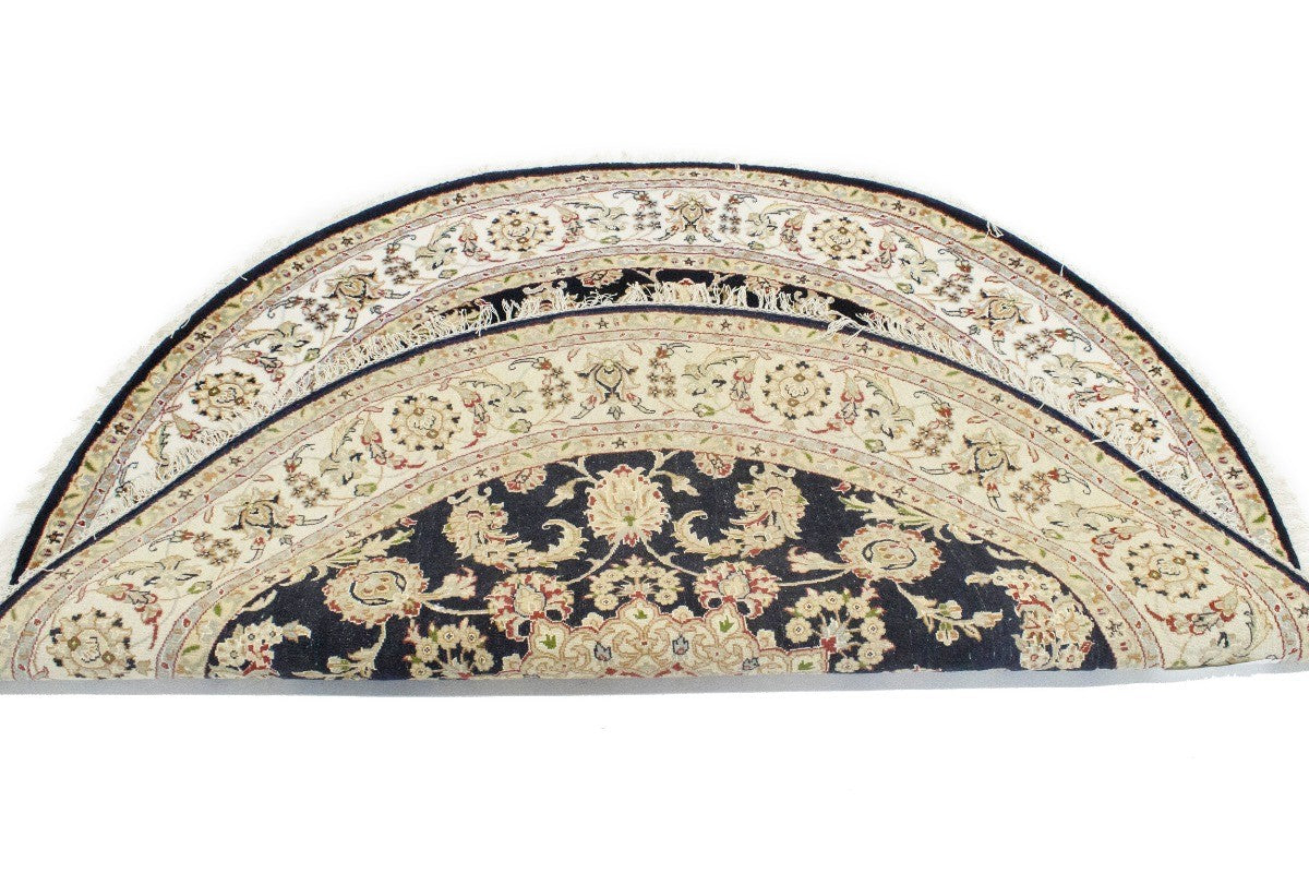 Handmade Indo-Nain Dark Navy Floral Medallion Oriental Round Rug Carpet 6X6 ft