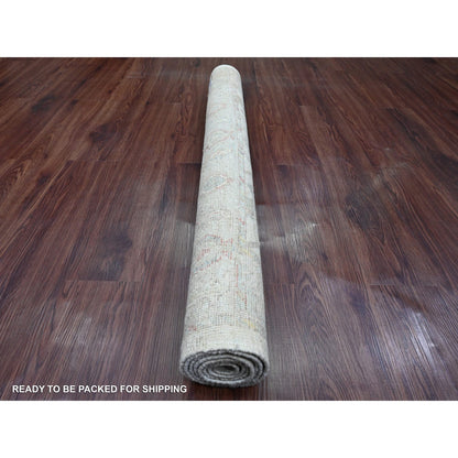 4'x6' Oyster White Afghan Angora Oushak Vine Design Hand Knotted Wool Rug