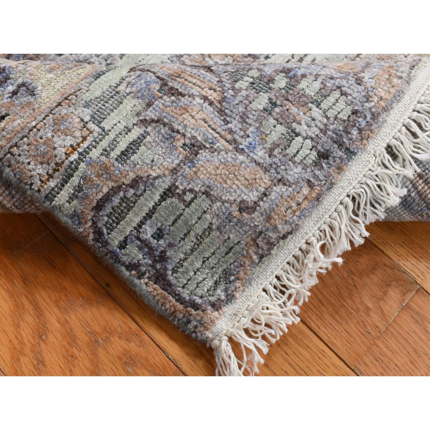 2'X3' Green Silk With Wool Mughal Design Hand Knotted Mat Rug