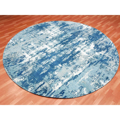 9'x9' Blue Hand Knotted Abstract Design Pure Silk and Wool Round Rug