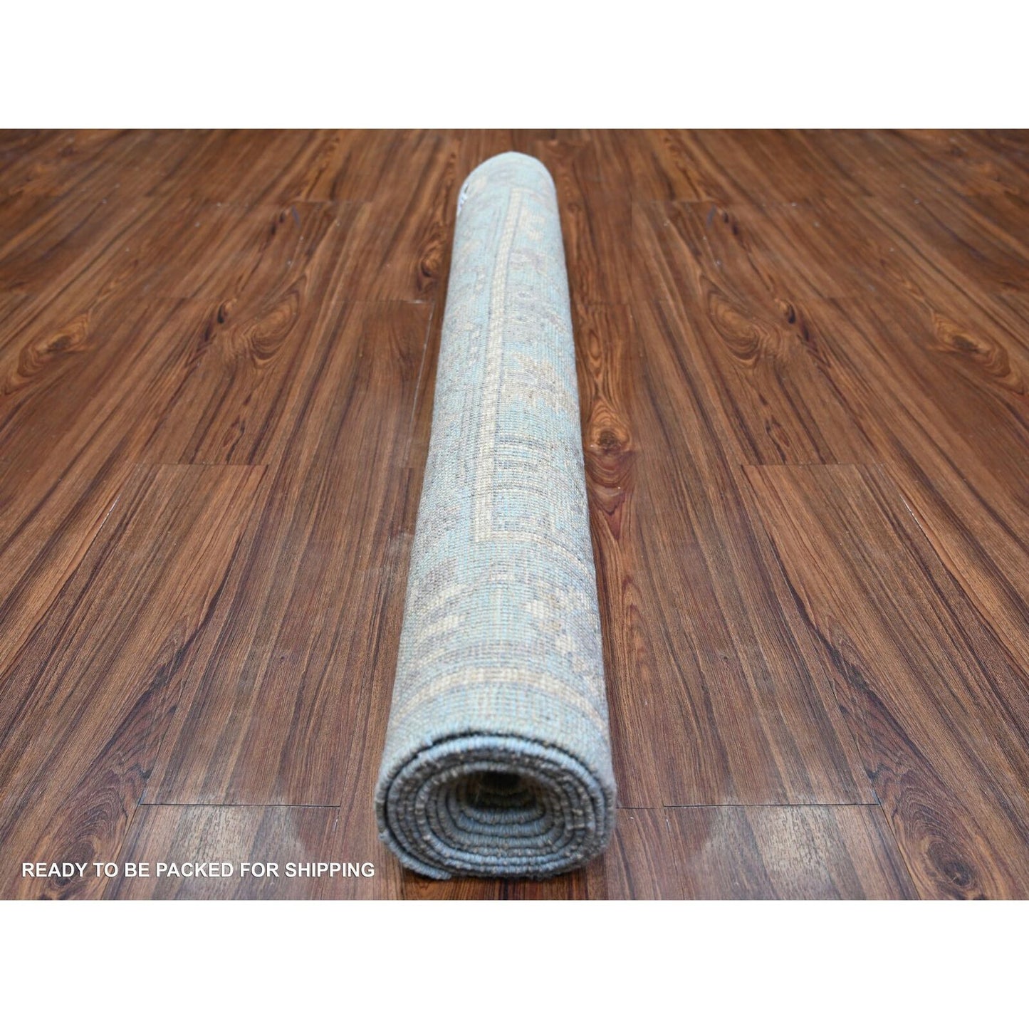 4'X10'1" Cerulean Blue Hand Knotted Afghan Angora Oushak Wool Runner Rug