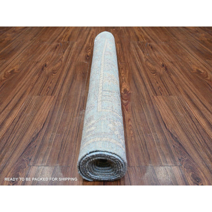4'X10'1" Cerulean Blue Hand Knotted Afghan Angora Oushak Wool Runner Rug