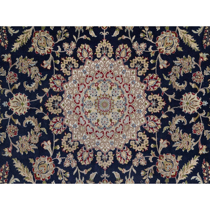 9'X12'2" Midnight Blue Nain Flower Design Wool And Silk Hand Knotted Rug
