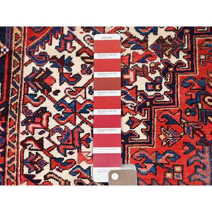 7'4"X10'2" Red Hand Knotted Vintage Oriental Heris Village Motifs Rug