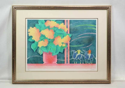 Albert Zavaro Original Lithograph Signed - Still Life Flowers Horse