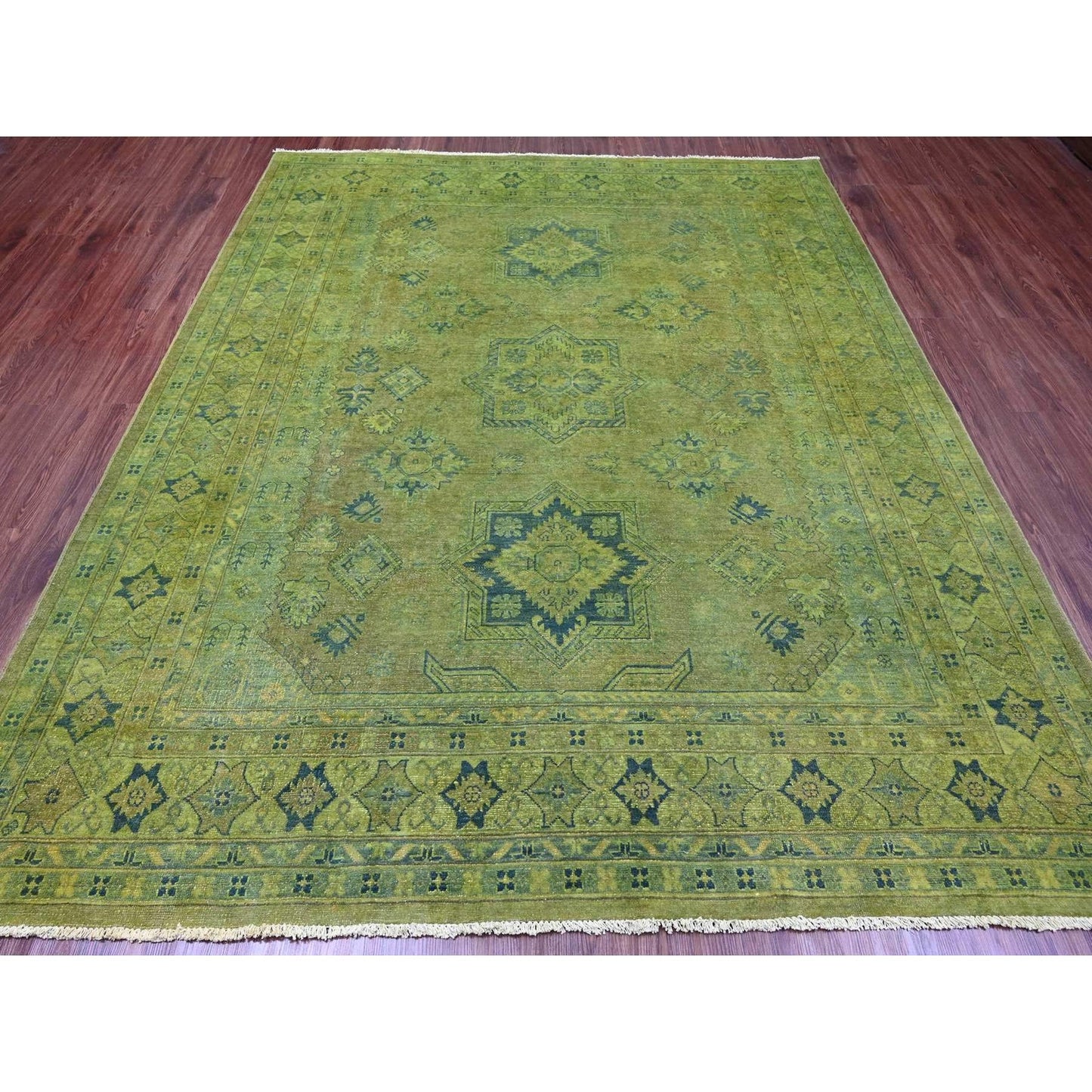 8'X9'6" Green Overdyed Kazak Medallions Design Hand Knotted 100% Wool Rug