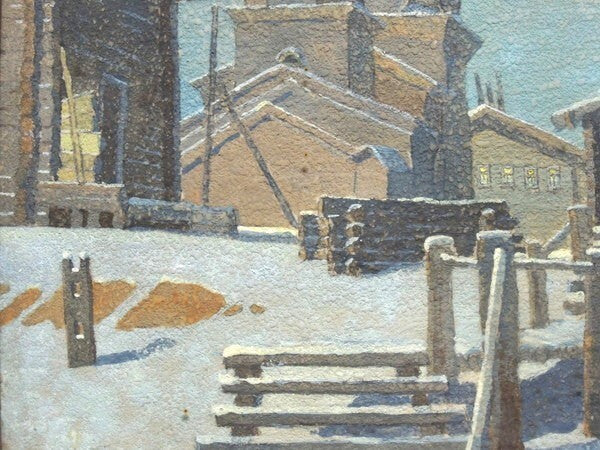 Soviet Russian Winter Village Tempera Painting Signed Moscow Artist V Komarov