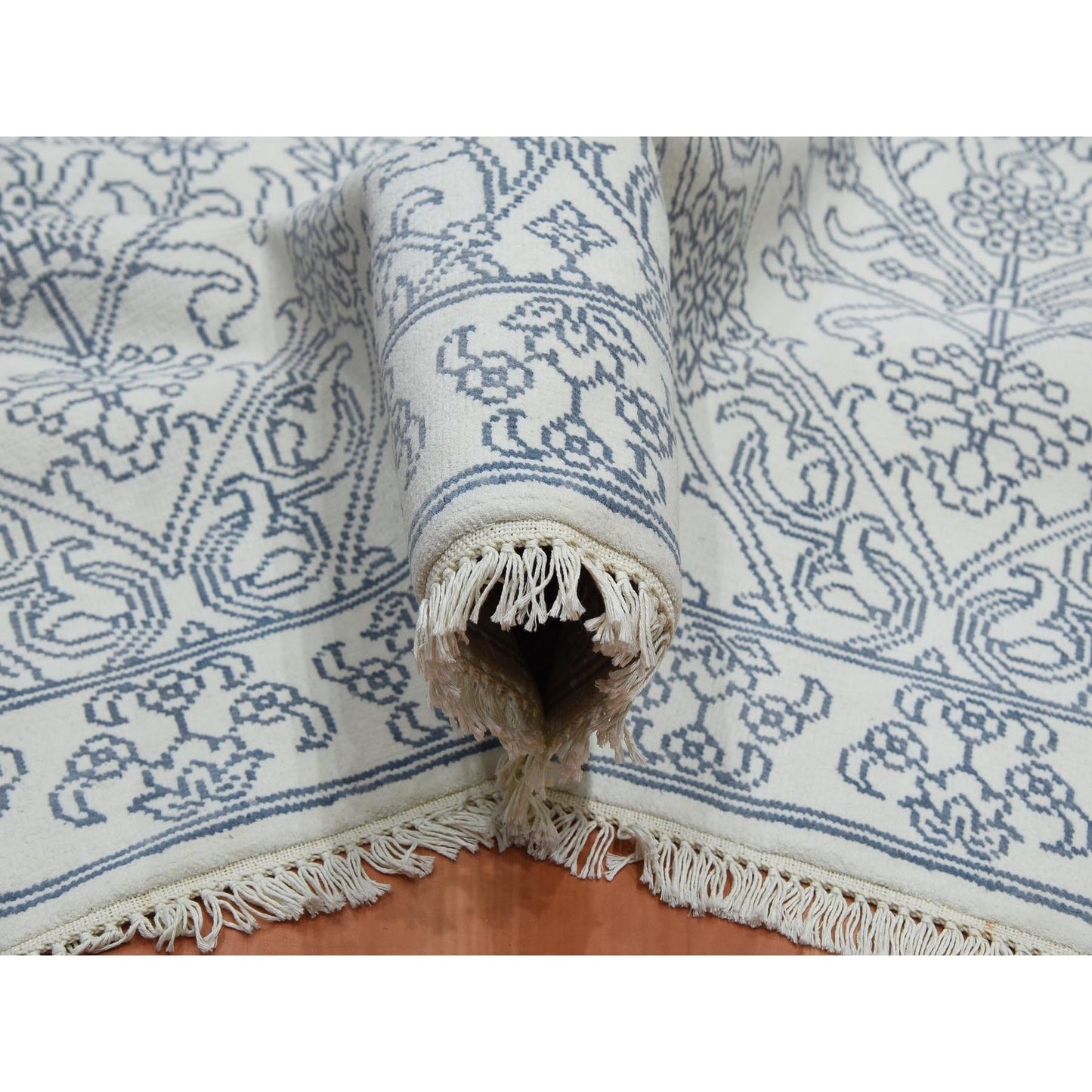 9'4"X11'9" Ivory 100% Cotton Agra Design Hand Knotted Rug