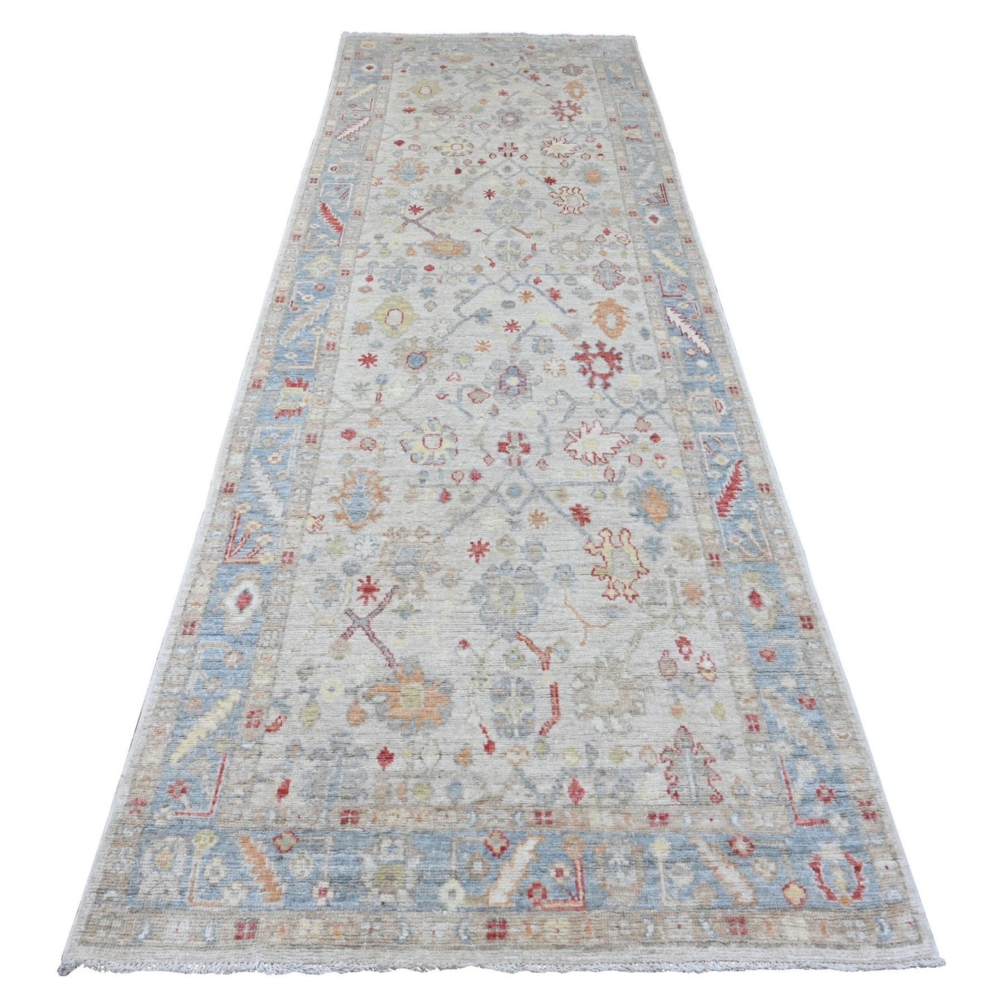 4'X12'3" White Angora Oushak Leaf Design Hand Knotted All Wool Runner Rug