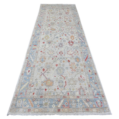 4'X12'3" White Angora Oushak Leaf Design Hand Knotted All Wool Runner Rug