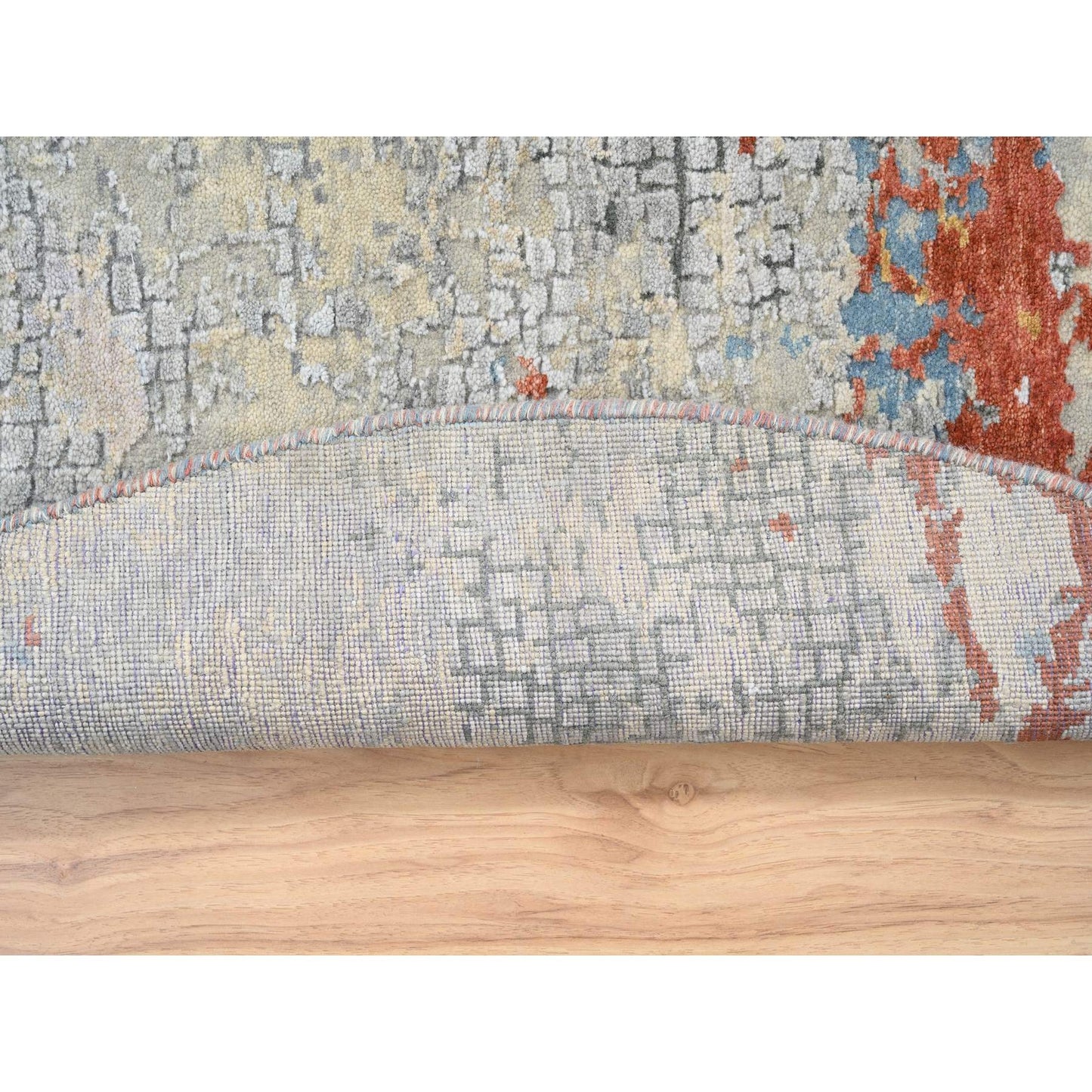 5'10"X5'10" Cream Abstract Design Wool And Silk Hand Knotted Round Rug