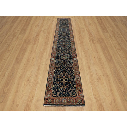 2'6"X14'1" Blue Hand Knotted Antiqued Fine Heris Soft Wool Xl Runner Rug