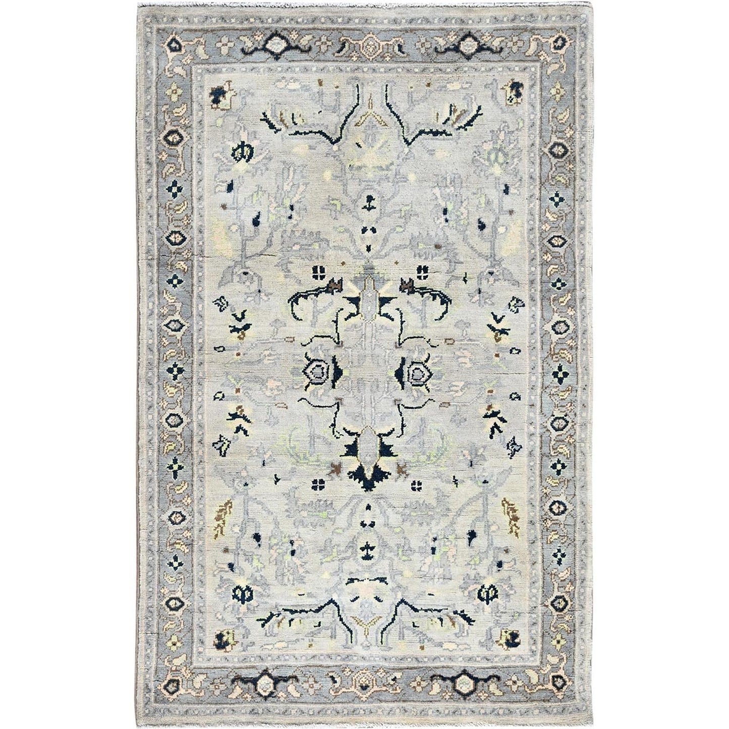 3'1"X4'10" Marian Blue Seeripe Heris Design Natural Wool Hand Knotted Rug
