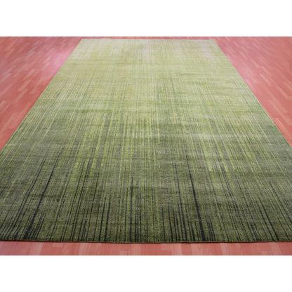 10'X14'4" Herbal Green Hand Knotted Vertical Ombre Design Soft Wool Rug