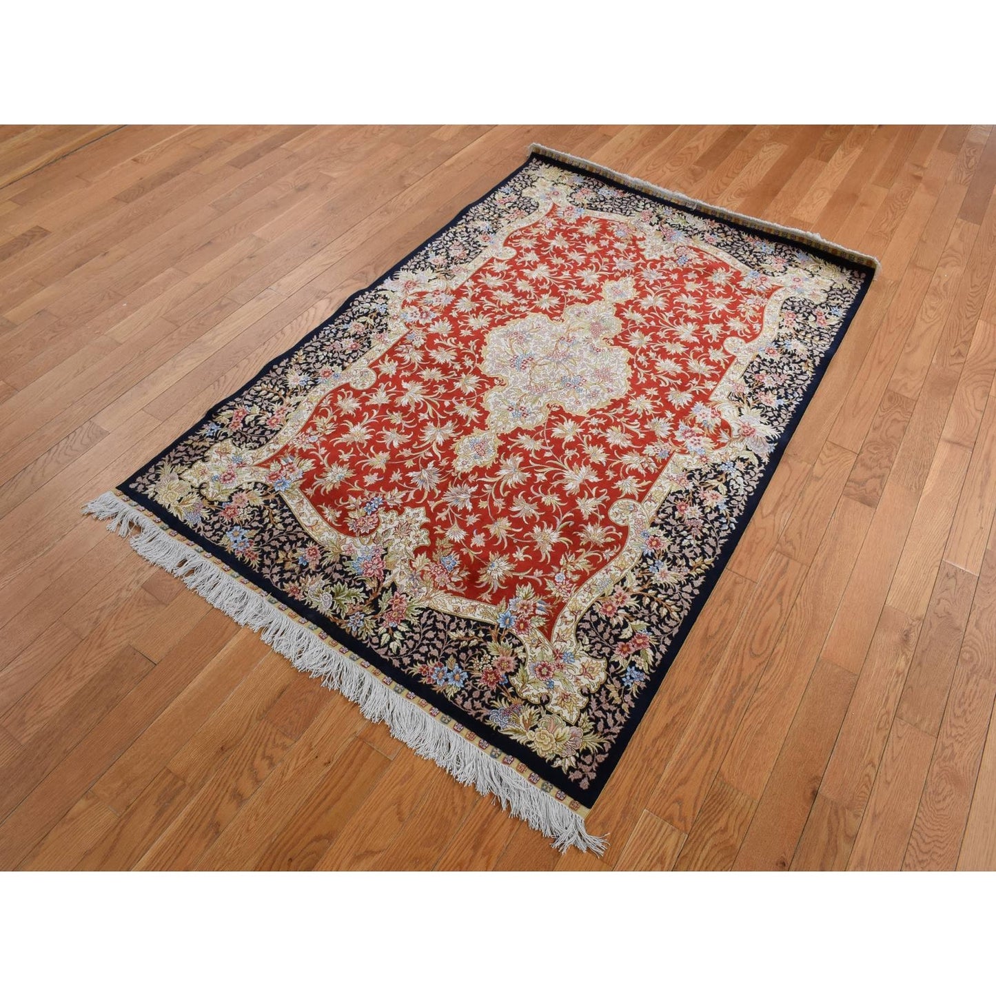4'1"X6'4" Ajax Red Kishoon Design 400 Kpsi Pure Silk Hand Knotted Rug
