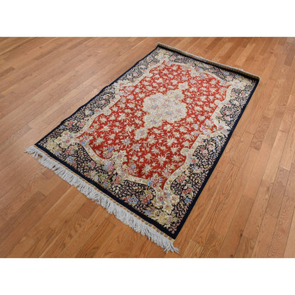 4'1"X6'4" Ajax Red Kishoon Design 400 Kpsi Pure Silk Hand Knotted Rug