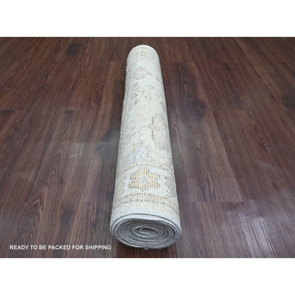 2'10"X12'5" White Hand Knotted Angora Oushak Leaf Design Wool Runner Rug