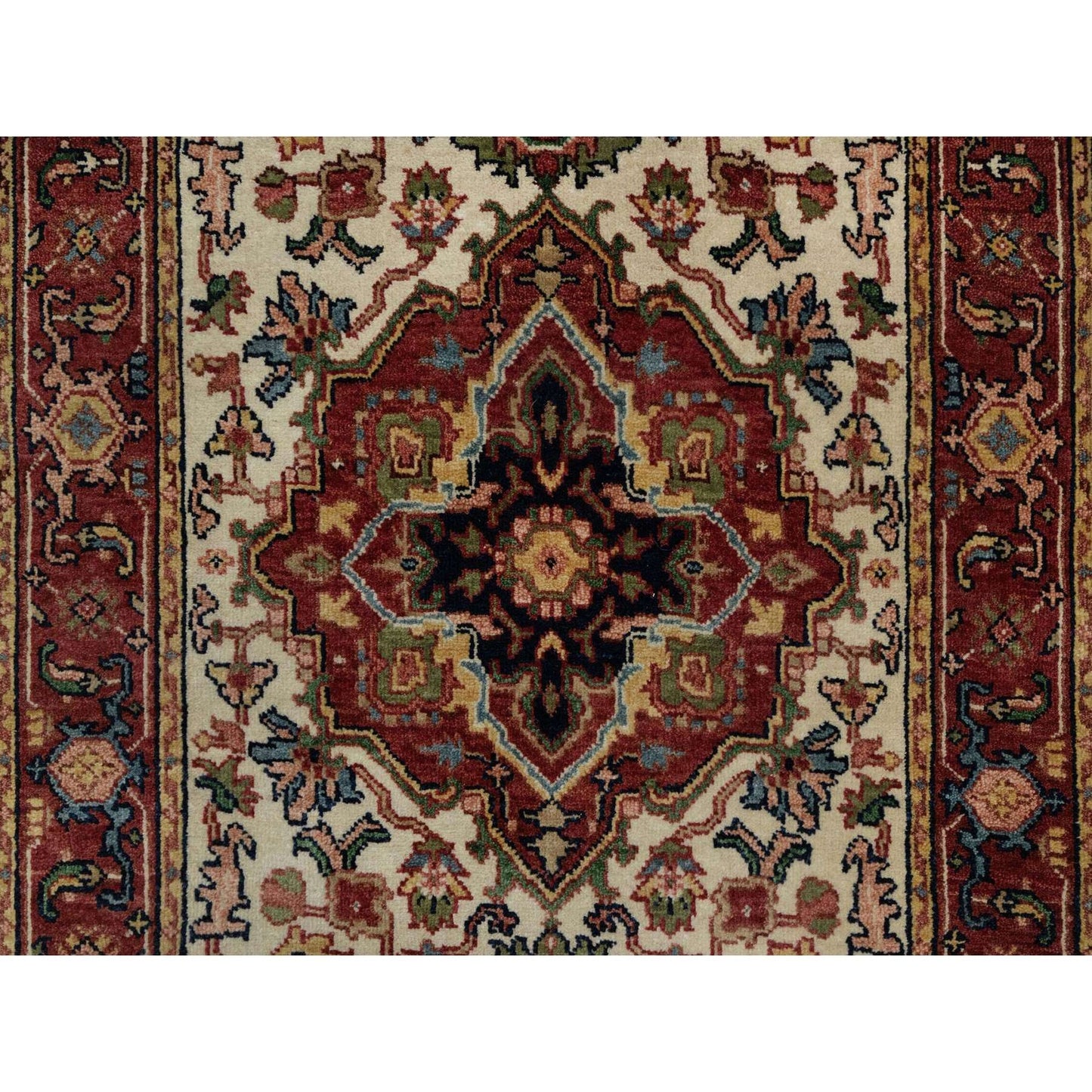 2'8"X14'3" Ivory Antiqued Heris Re-Creation Hand Knotted Wool Runner Rug