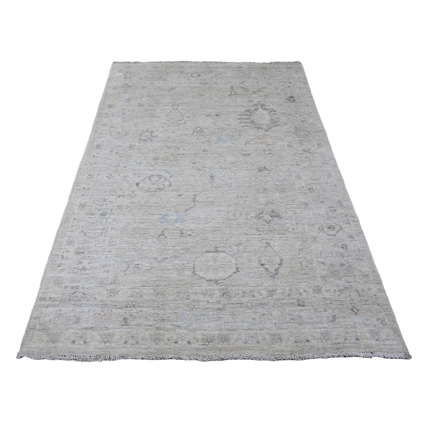 5'X6'10" Gray Afghan Angora Oushak All Over Pattern Hand Knotted Wool Rug