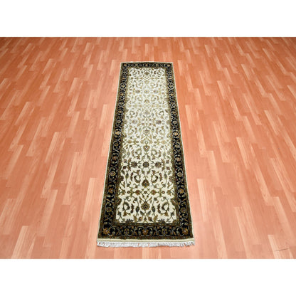 2'6"X8'2" Ivory Wool And Silk Hand Knotted Rajasthan Design Runner Rug
