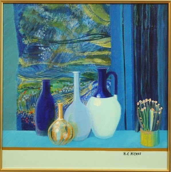 Hlne C. Pichot "Nature Morte Sur Fond Bleu Et Vert" Original Oil Painting