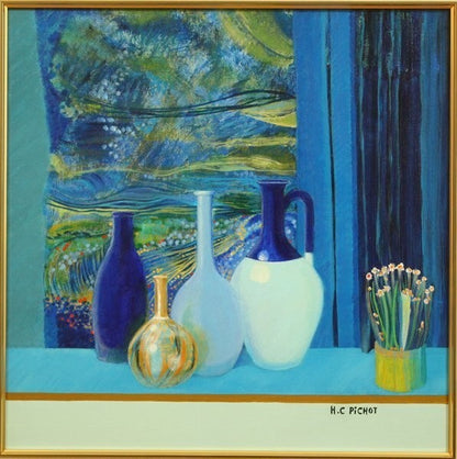 Hlne C. Pichot "Nature Morte Sur Fond Bleu Et Vert" Original Oil Painting