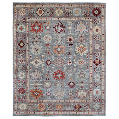 7'9"X9'5" Gray Afghan Angora Oushak Leaf Pattern Hand Knotted Wool Rug
