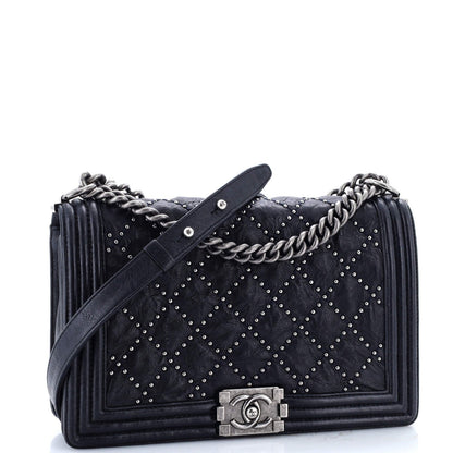 Chanel Boy Flap Bag Studded Quilted Distressed Calfskin Old Medium
