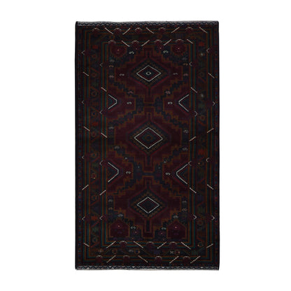 3'10"X7' Red Afghan Balooch Geometric Design Pure Wool Hand Knotted Rug