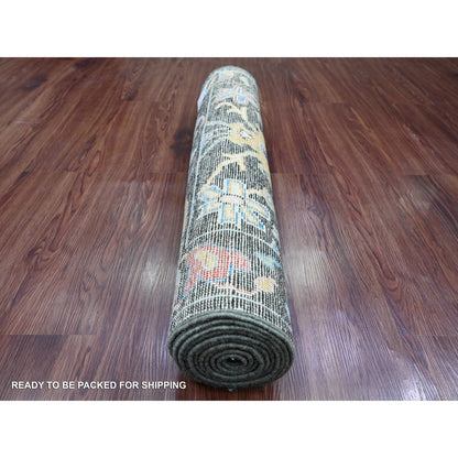 2'10"X9'8" Black Angora Oushak Leaf Design Hand Knotted Wool Runner Rug