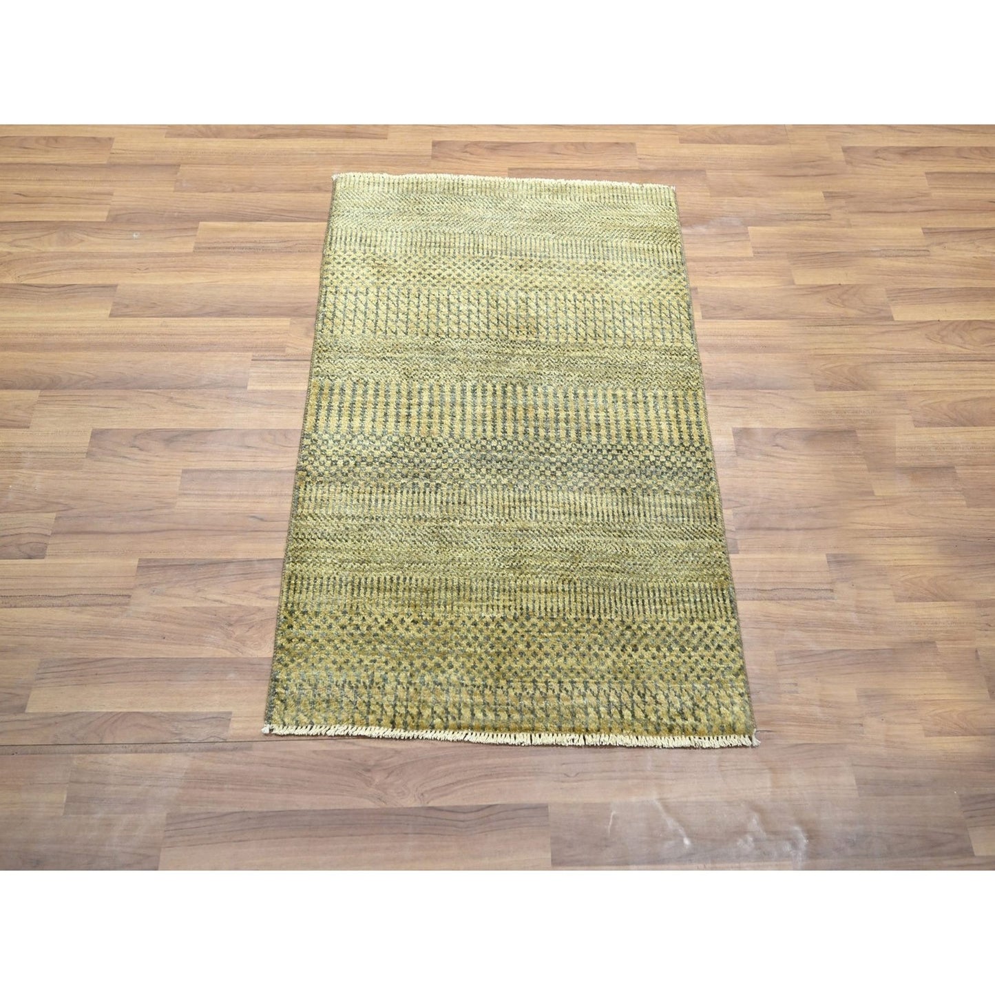 Rug 2'x3' Ecru Brown Modern Grass Design Hand Knotted Wool with Silk Mat