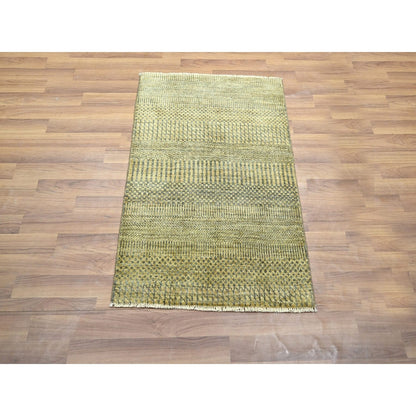Rug 2'x3' Ecru Brown Modern Grass Design Hand Knotted Wool with Silk Mat