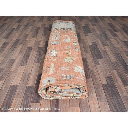 12'1"X14'6" Orange Khotan And Samarkand Design Hand Knotted Soft Wool Rug