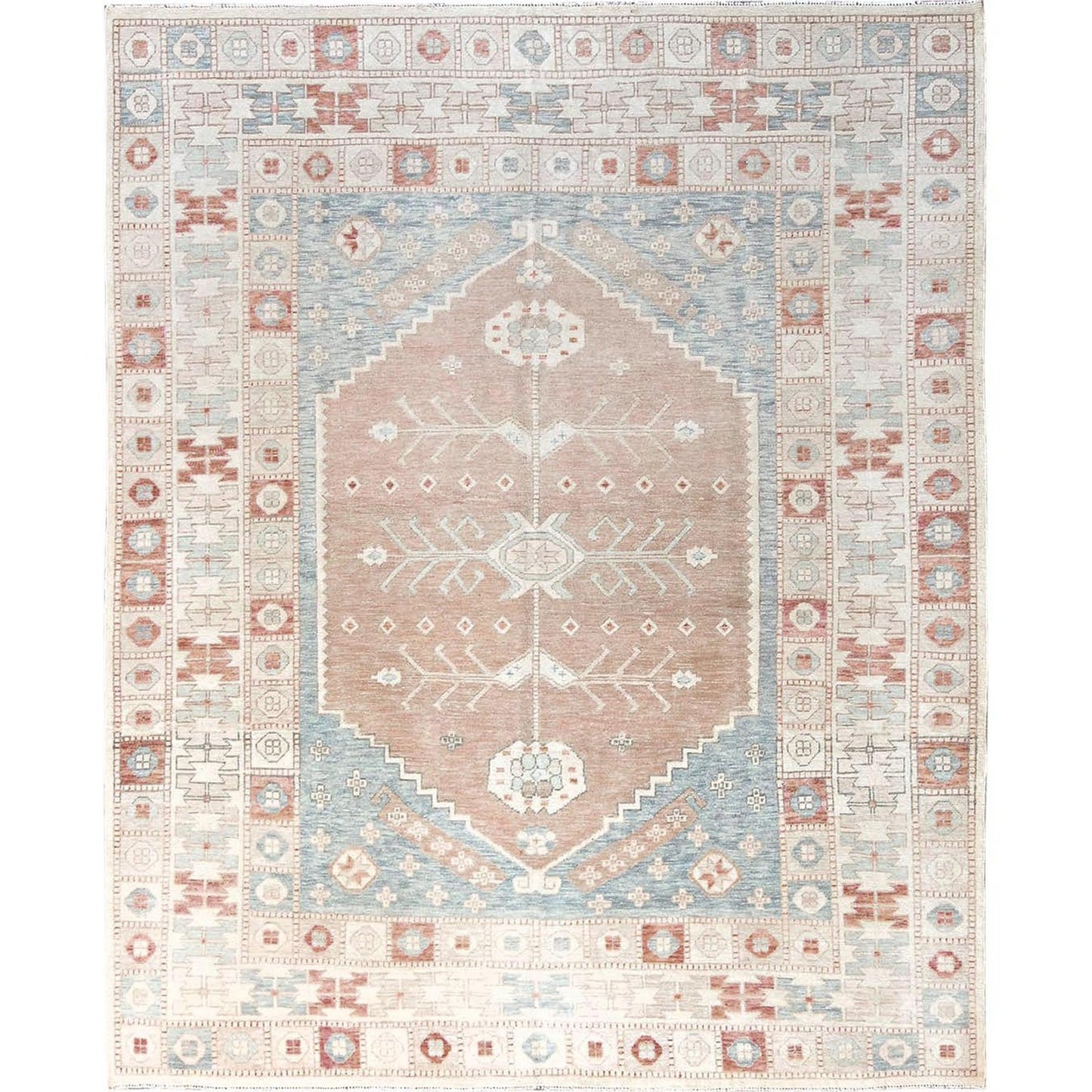 8'10"x10'10" Coral Pink Hand Knotted Anatolian Village Design Pure Wool Rug