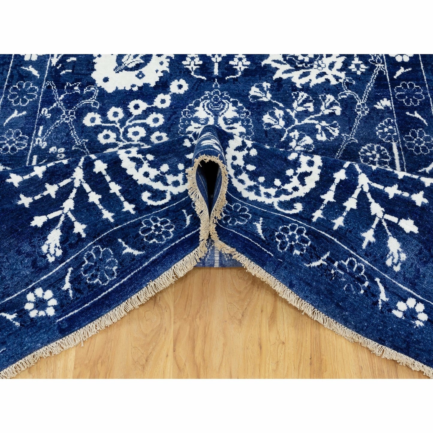 6'2"X9' Blue Hand Knotted Tone On Tone Wool And Silk Oriental Rug