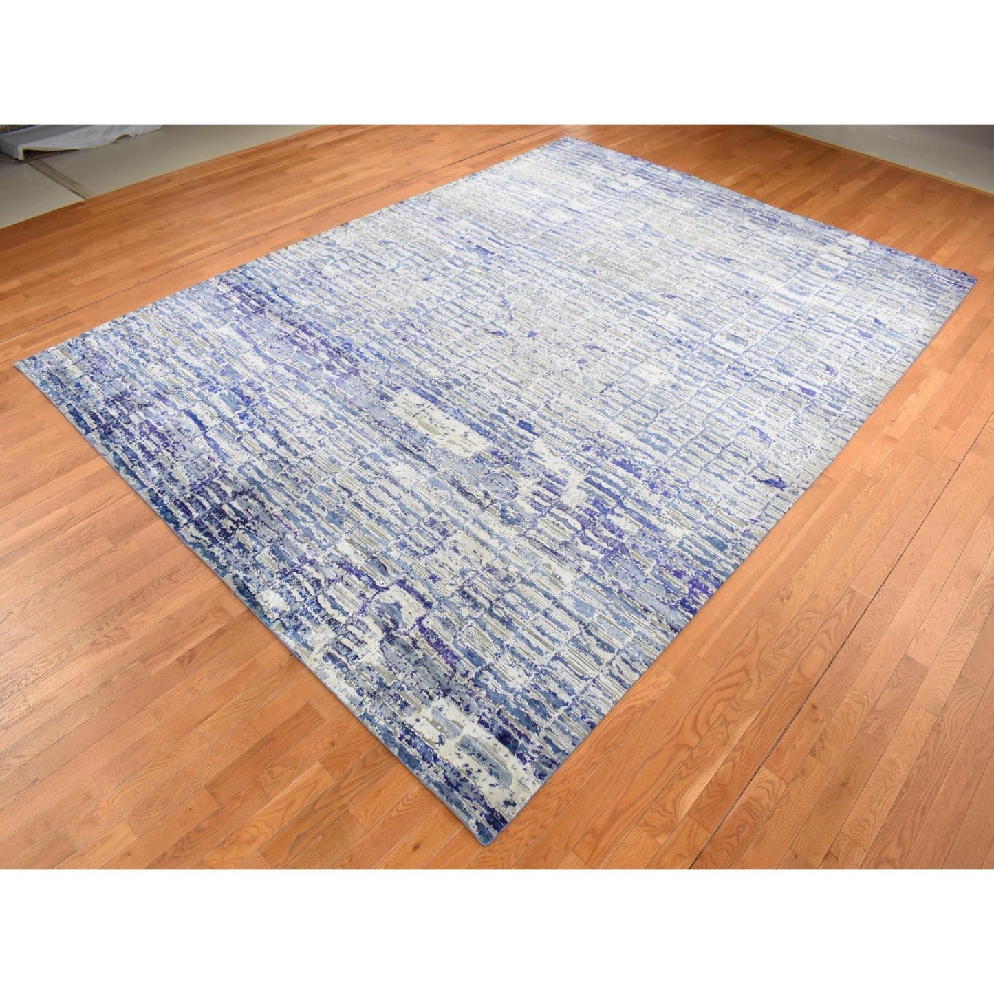 10'2"X13'10" Indigo Diminishing Bricks Sari Silk Hand Knotted Rug