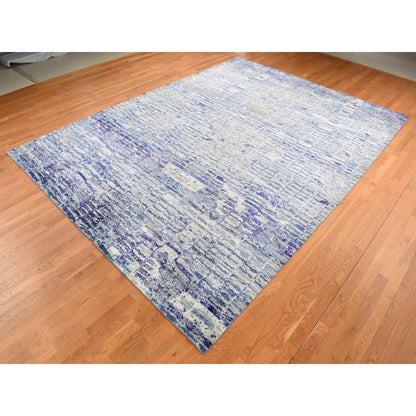 10'2"X13'10" Indigo Diminishing Bricks Sari Silk Hand Knotted Rug