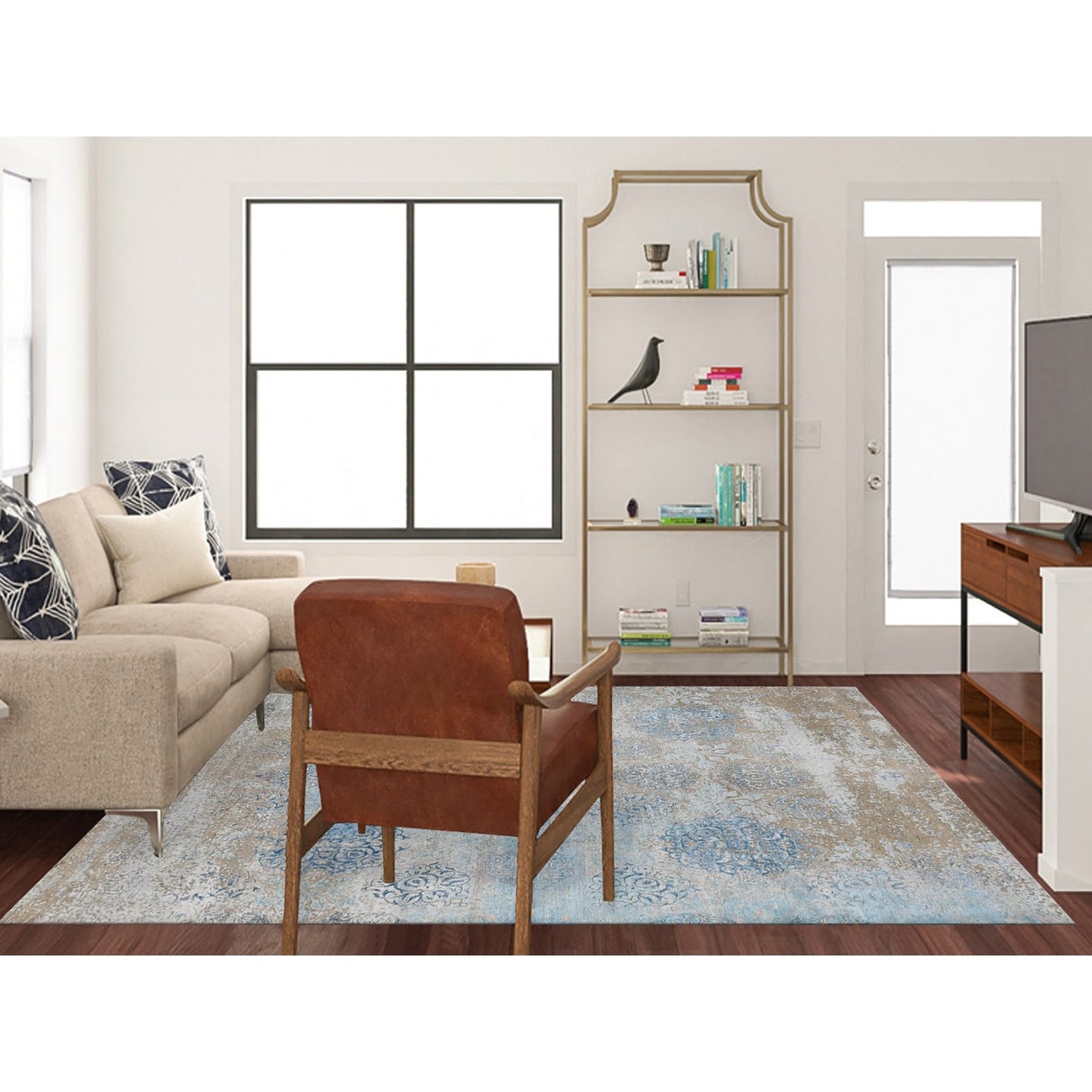 8'1"X9'9" Tan Color Wool And Silk Ottoman Design Hand Knotted Modern Rug