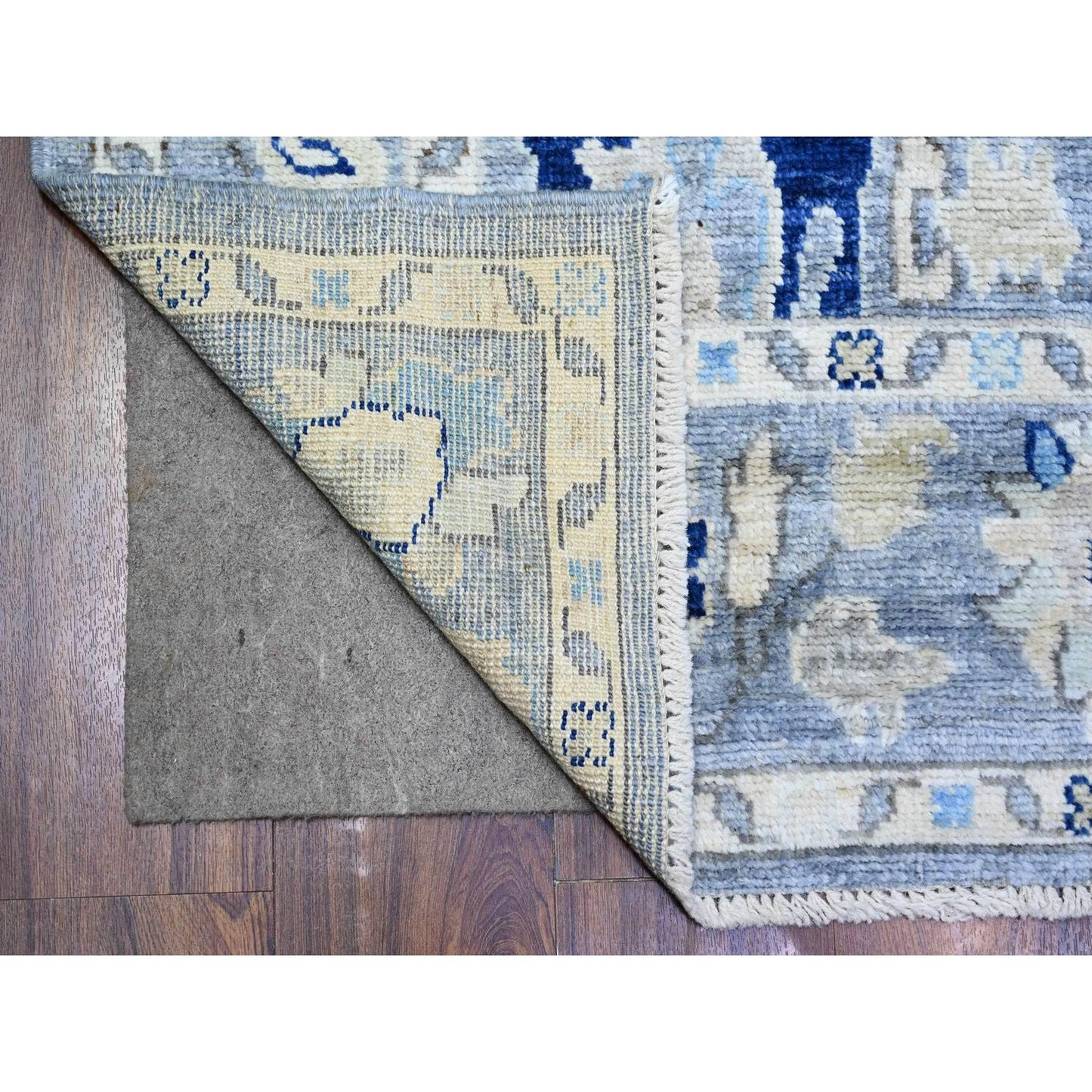 4'2"X9'5" Blue Afghan Angora Oushak Pure Wool Hand Knotted Runner Rug