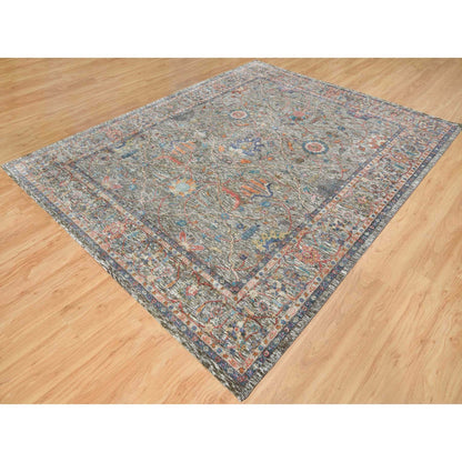 8'X10'1" Taupe Hand Knotted Striae Pattern Silk Textured Wool Rug