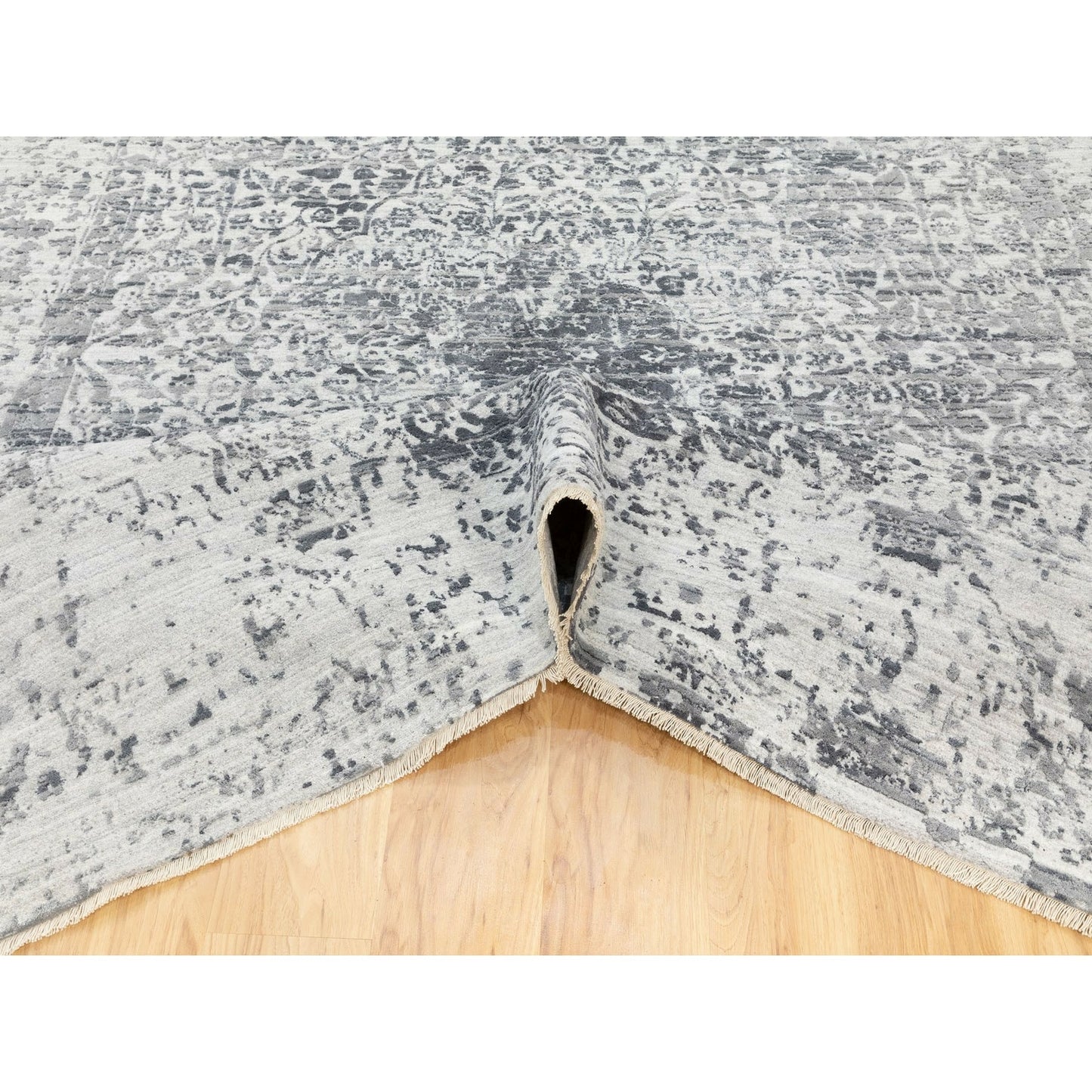 8'X10'1" Hand Knotted Grey Broken Farsian Design Wool And Pure Silk Rug