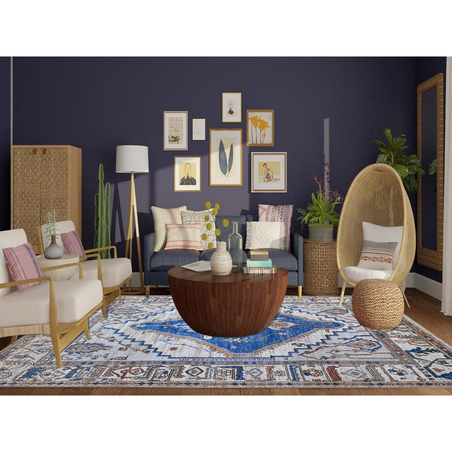 8'10"X11'9" Chrome Gray Turkish Village Motifs Hand Knotted Oriental Rug