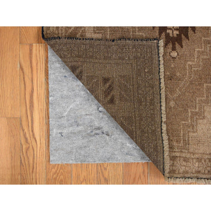 2'9"X12'8" Brown Washed Out Afghan Balooch Wool Hand Knotted Runner Rug